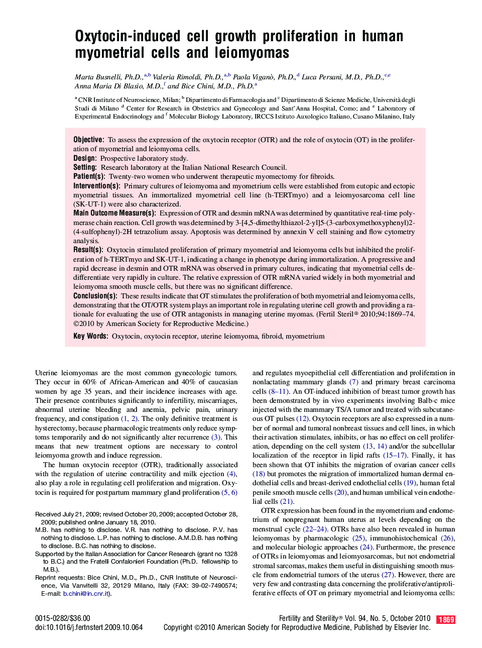 Oxytocin-induced cell growth proliferation in human myometrial cells and leiomyomas 