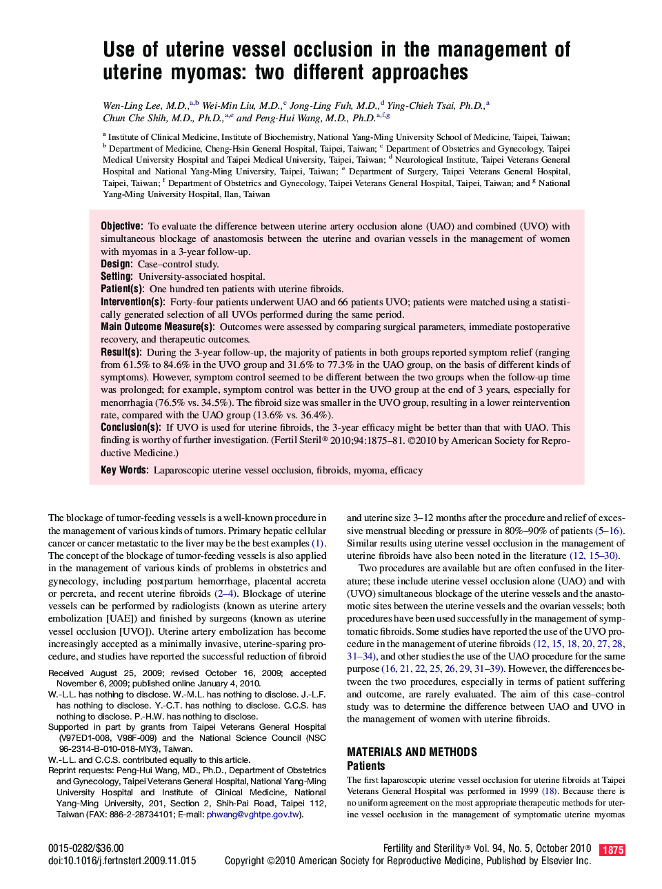 Use of uterine vessel occlusion in the management of uterine myomas: two different approaches 