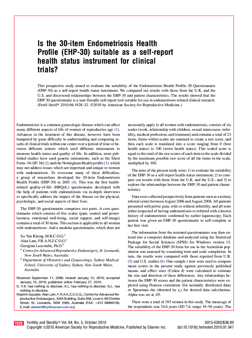 Is the 30-item Endometriosis Health Profile (EHP-30) suitable as a self-report health status instrument for clinical trials? 