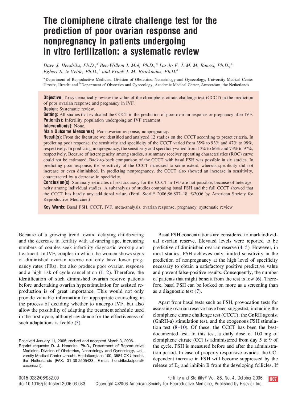 The clomiphene citrate challenge test for the prediction of poor ovarian response and nonpregnancy in patients undergoing in vitro fertilization: a systematic review