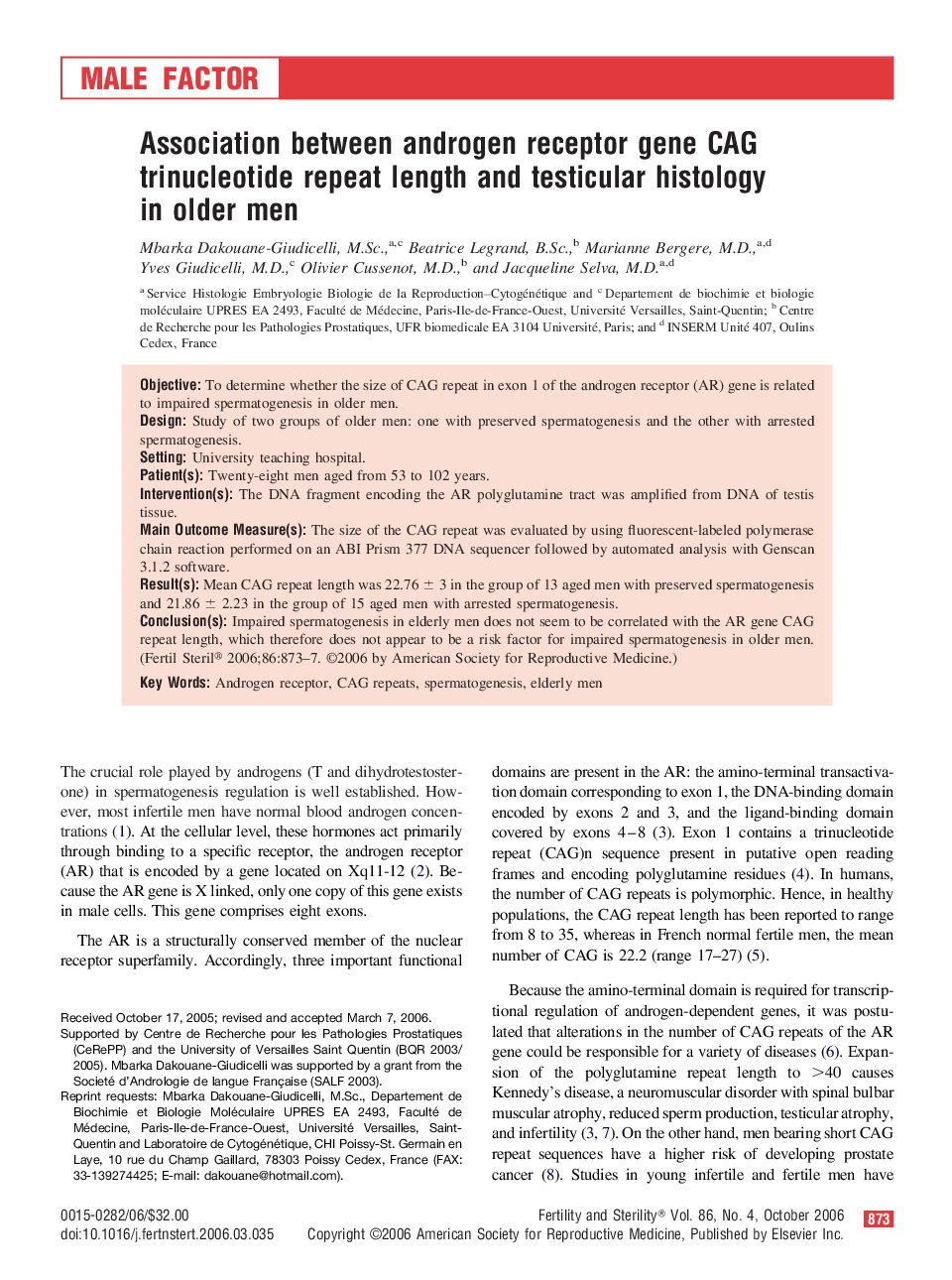 Association between androgen receptor gene CAG trinucleotide repeat length and testicular histology in older men 