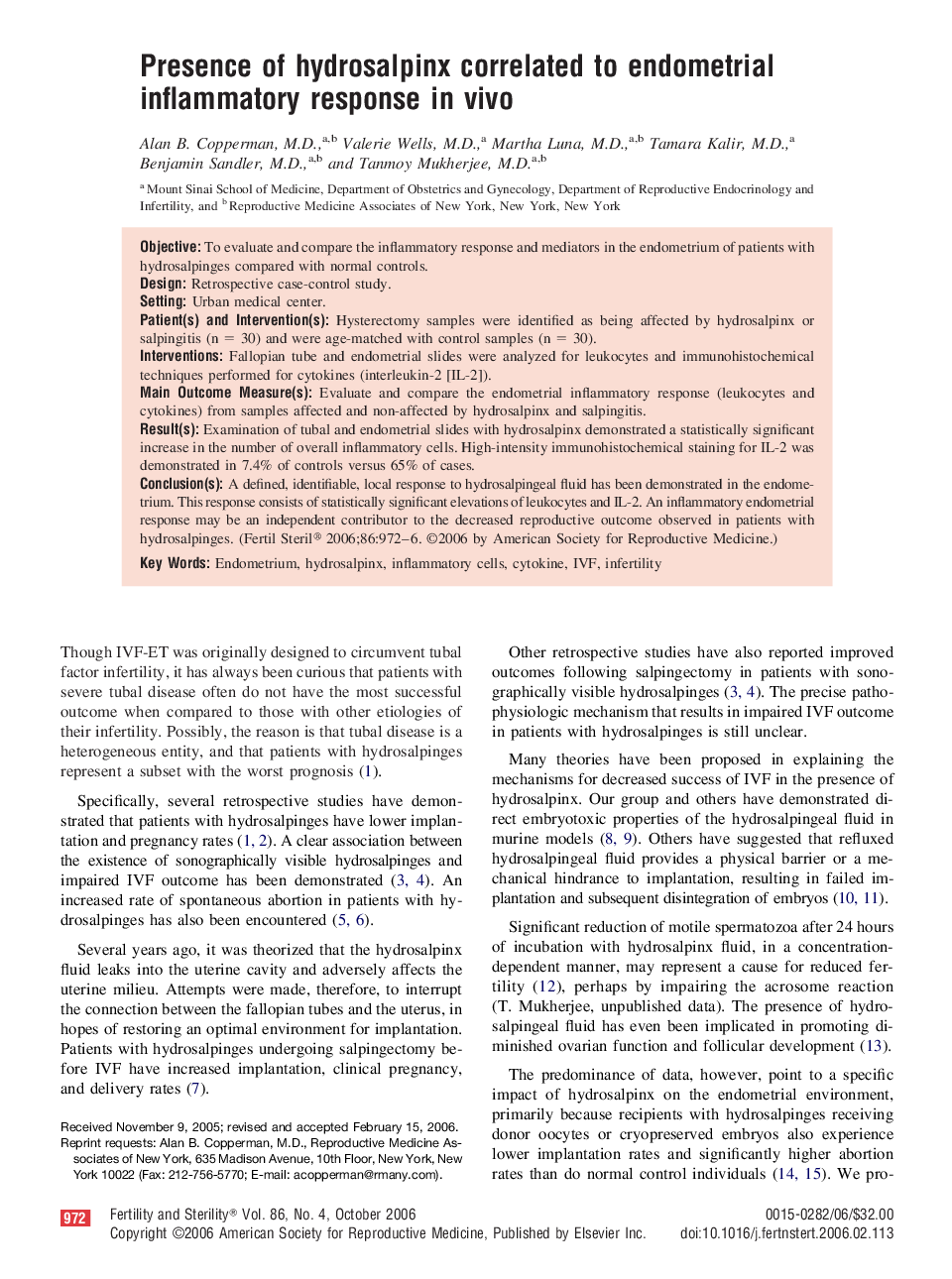Presence of hydrosalpinx correlated to endometrial inflammatory response in vivo