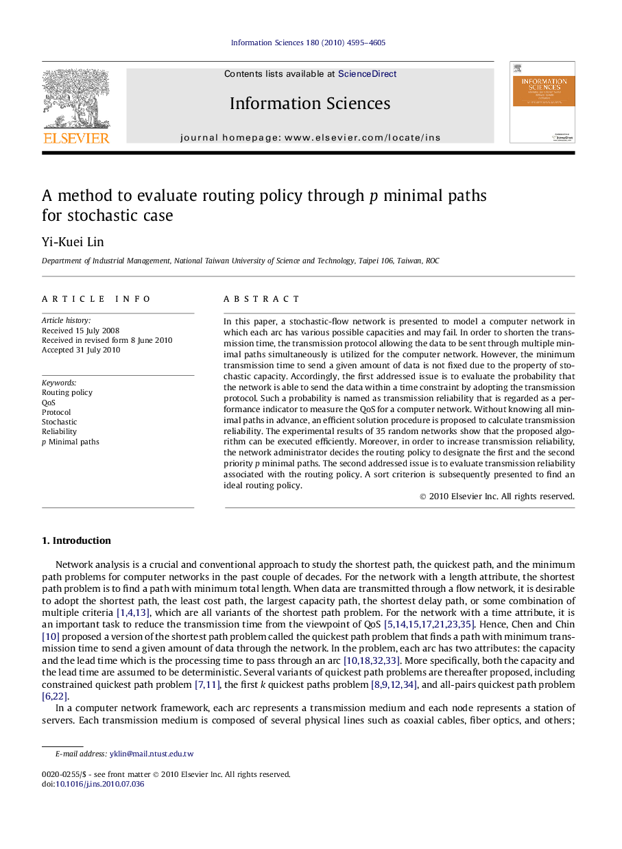 A method to evaluate routing policy through p minimal paths for stochastic case