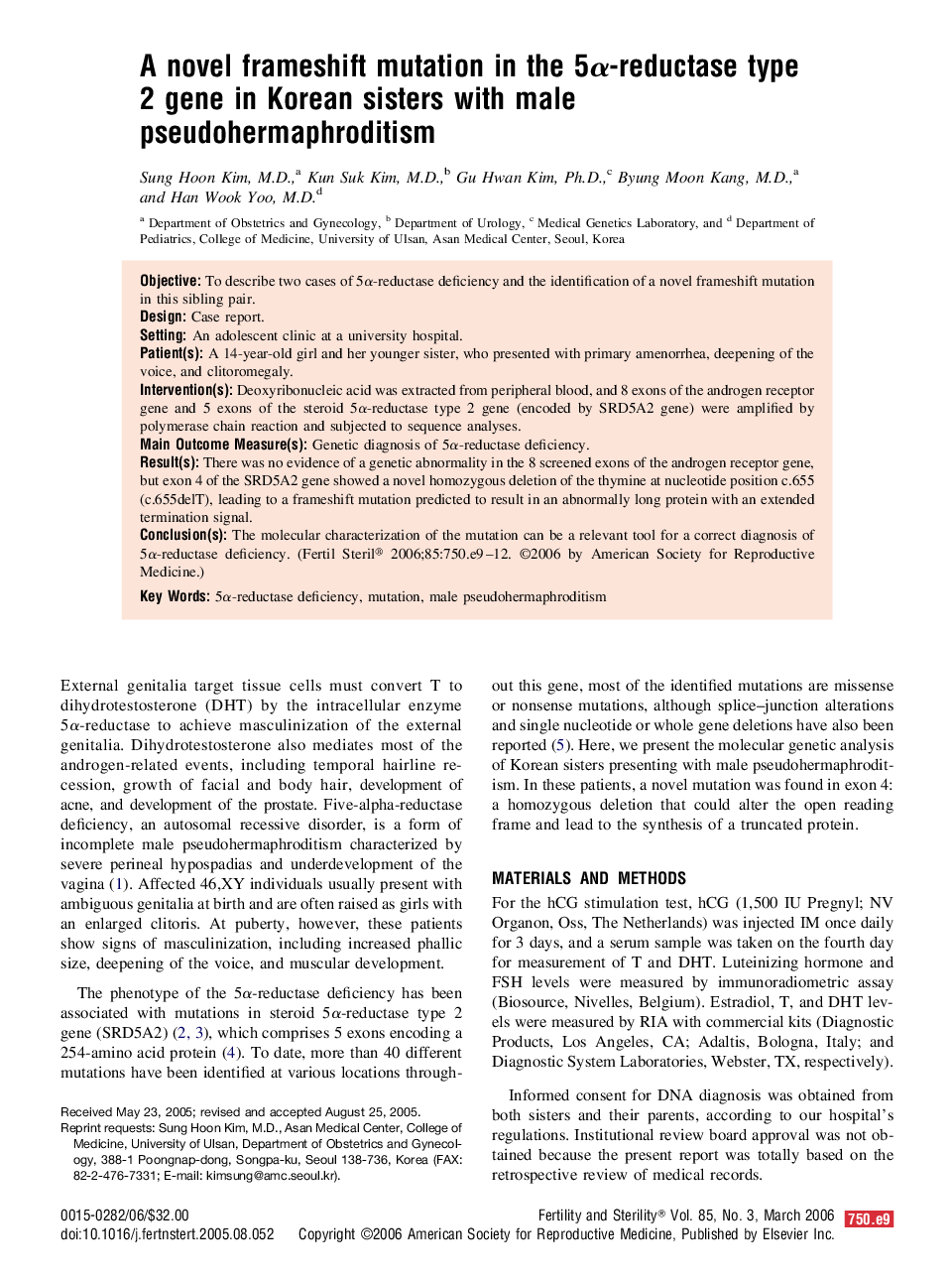 A novel frameshift mutation in the 5Î±-reductase type 2 gene in Korean sisters with male pseudohermaphroditism