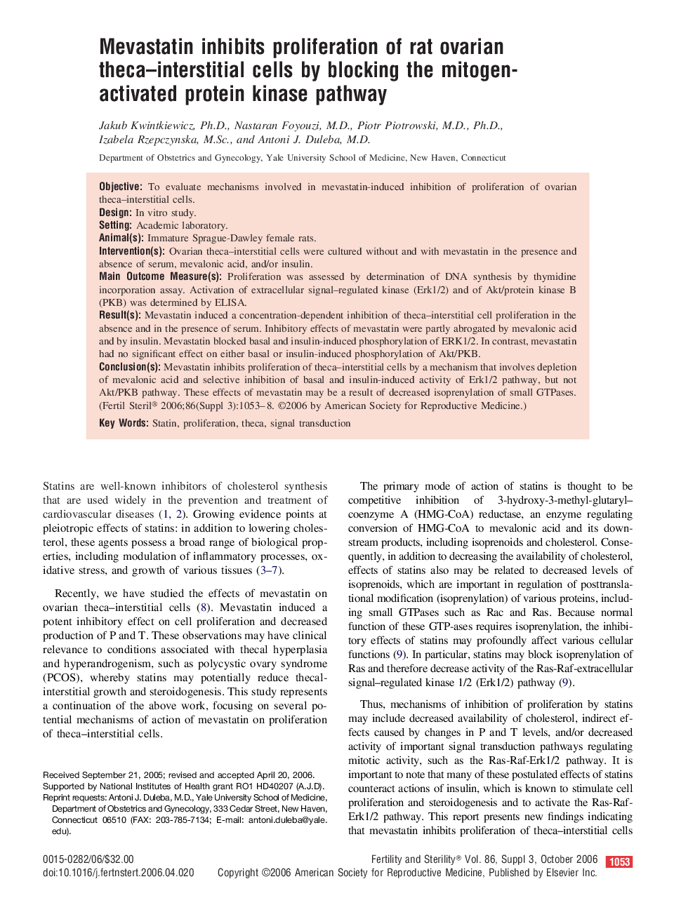 Mevastatin inhibits proliferation of rat ovarian theca-interstitial cells by blocking the mitogen-activated protein kinase pathway