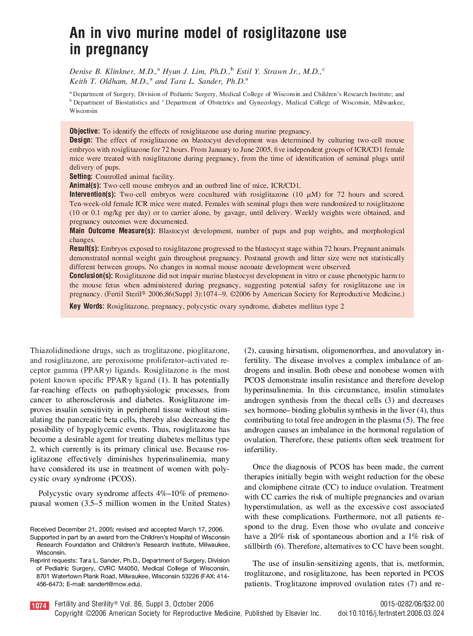 An in vivo murine model of rosiglitazone use in pregnancy 