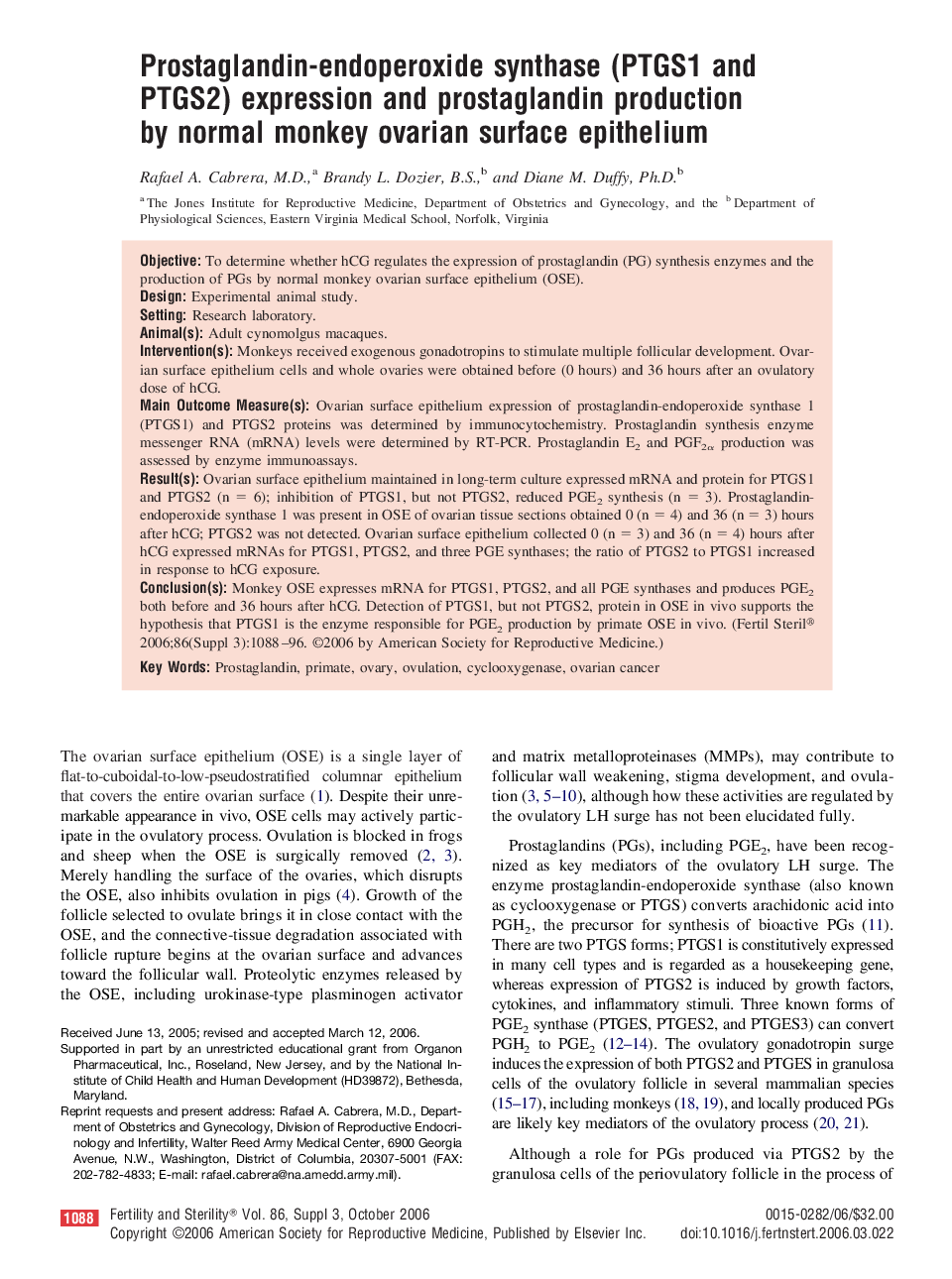 Prostaglandin-endoperoxide synthase (PTGS1 and PTGS2) expression and prostaglandin production by normal monkey ovarian surface epithelium 