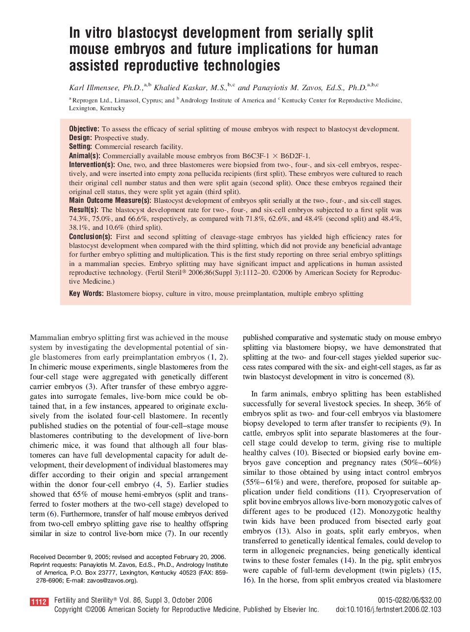 In vitro blastocyst development from serially split mouse embryos and future implications for human assisted reproductive technologies