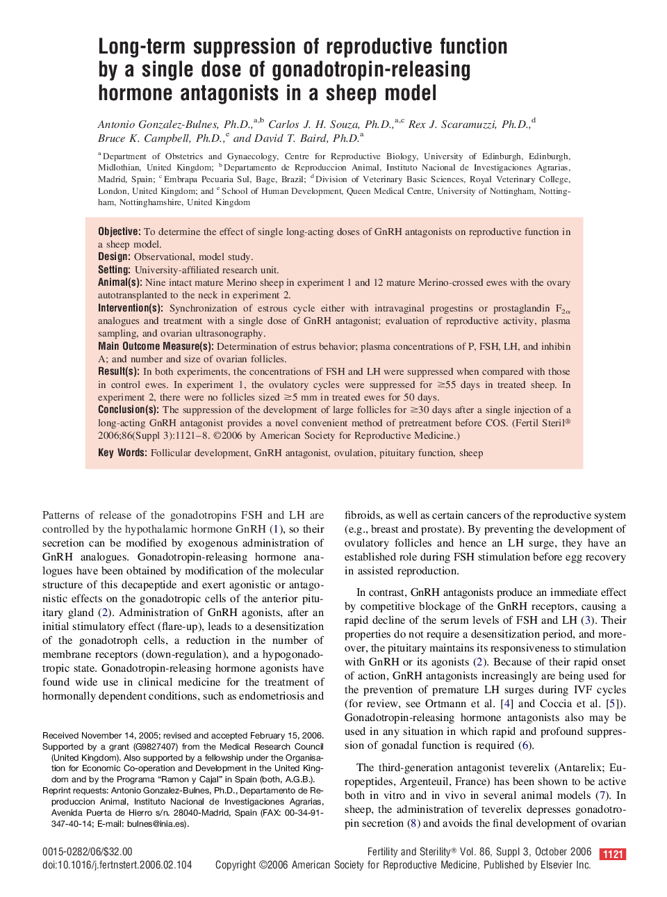 Long-term suppression of reproductive function by a single dose of gonadotropin-releasing hormone antagonists in a sheep model 