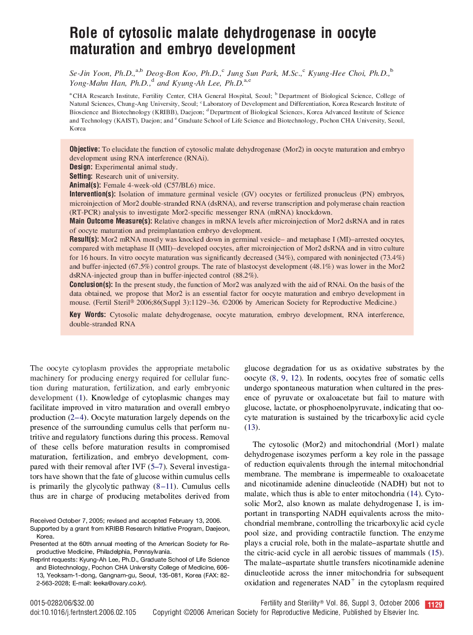 Role of cytosolic malate dehydrogenase in oocyte maturation and embryo development 