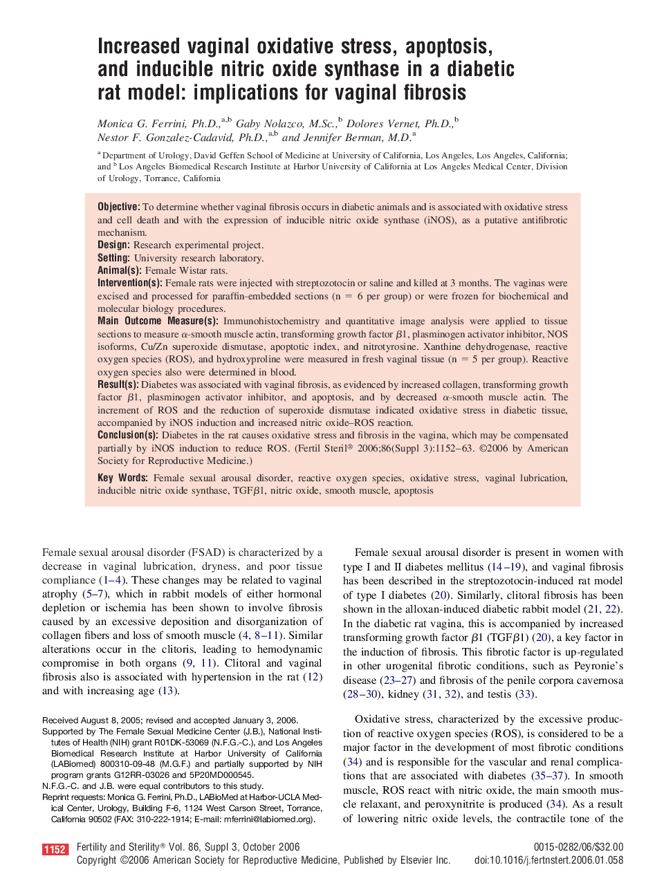 Increased vaginal oxidative stress, apoptosis, and inducible nitric oxide synthase in a diabetic rat model: implications for vaginal fibrosis 