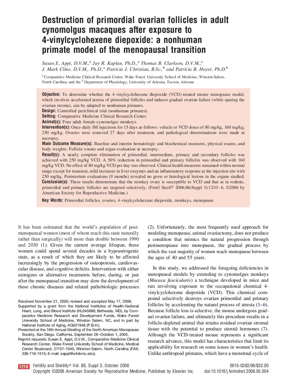 Destruction of primordial ovarian follicles in adult cynomolgus macaques after exposure to 4-vinylcyclohexene diepoxide: a nonhuman primate model of the menopausal transition 