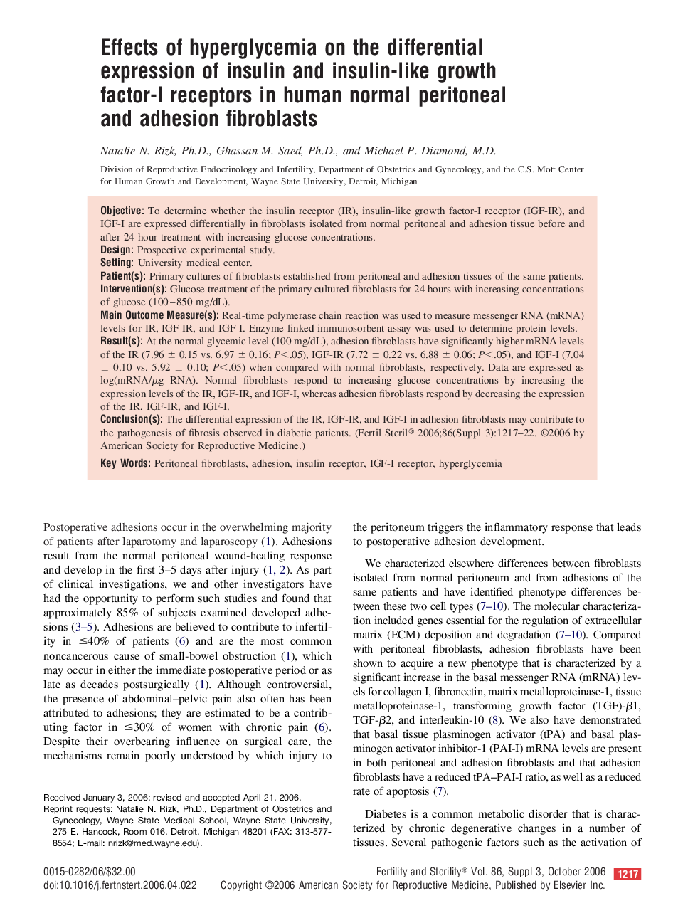 Effects of hyperglycemia on the differential expression of insulin and insulin-like growth factor-I receptors in human normal peritoneal and adhesion fibroblasts