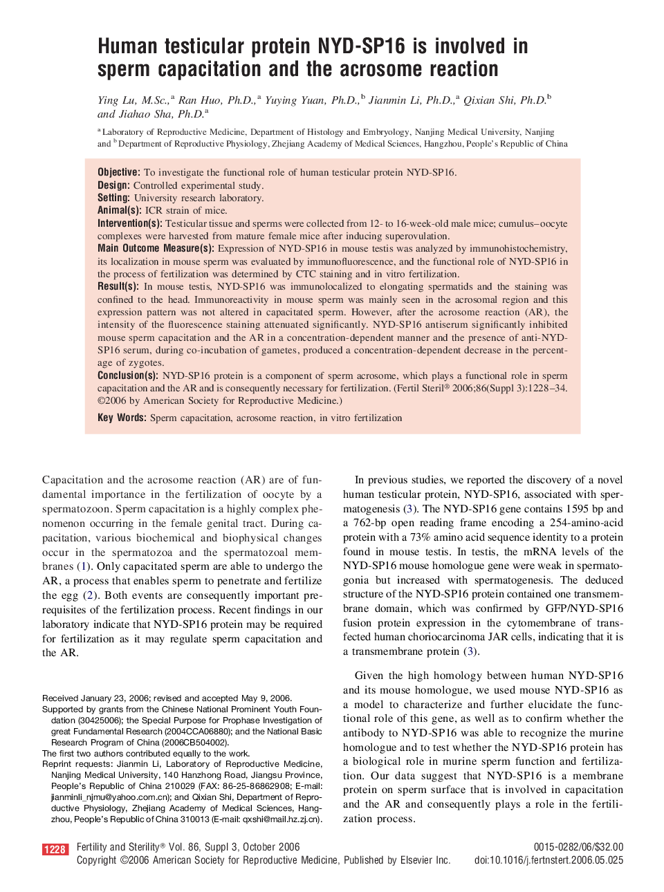 Human testicular protein NYD-SP16 is involved in sperm capacitation and the acrosome reaction 