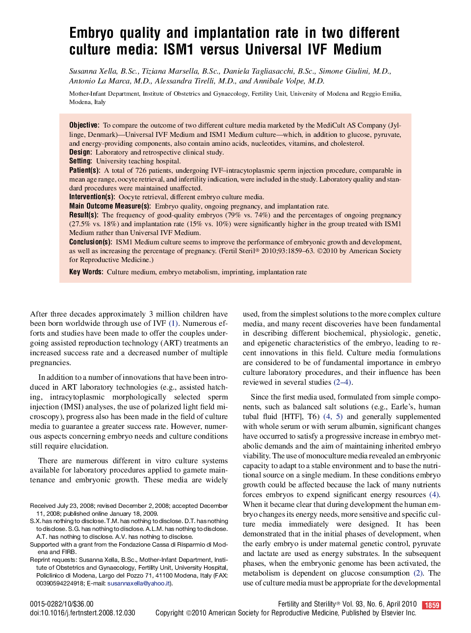 Embryo quality and implantation rate in two different culture media: ISM1 versus Universal IVF Medium 