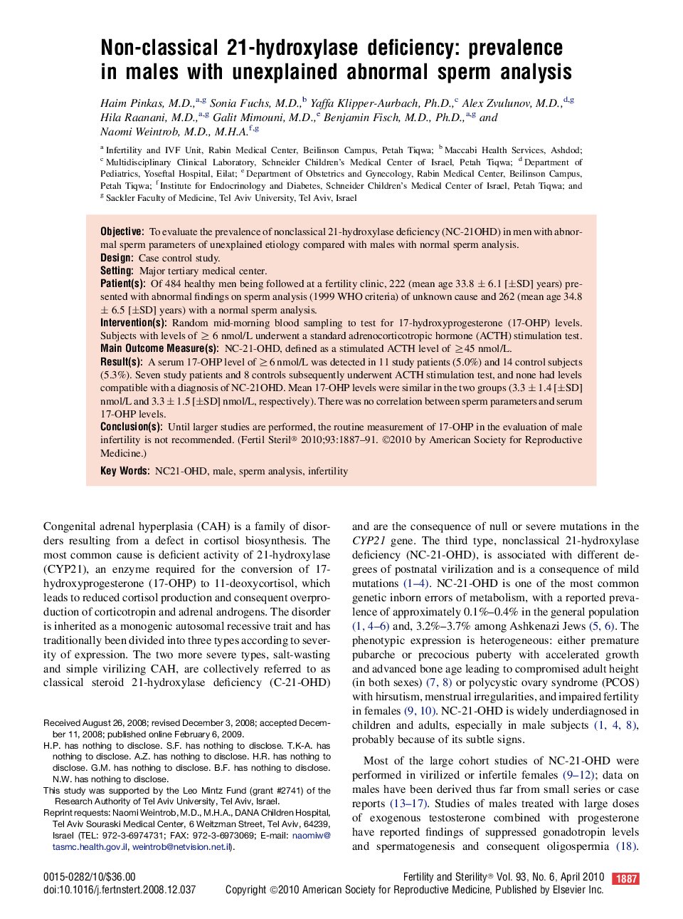 Non-classical 21-hydroxylase deficiency: prevalence in males with unexplained abnormal sperm analysis 