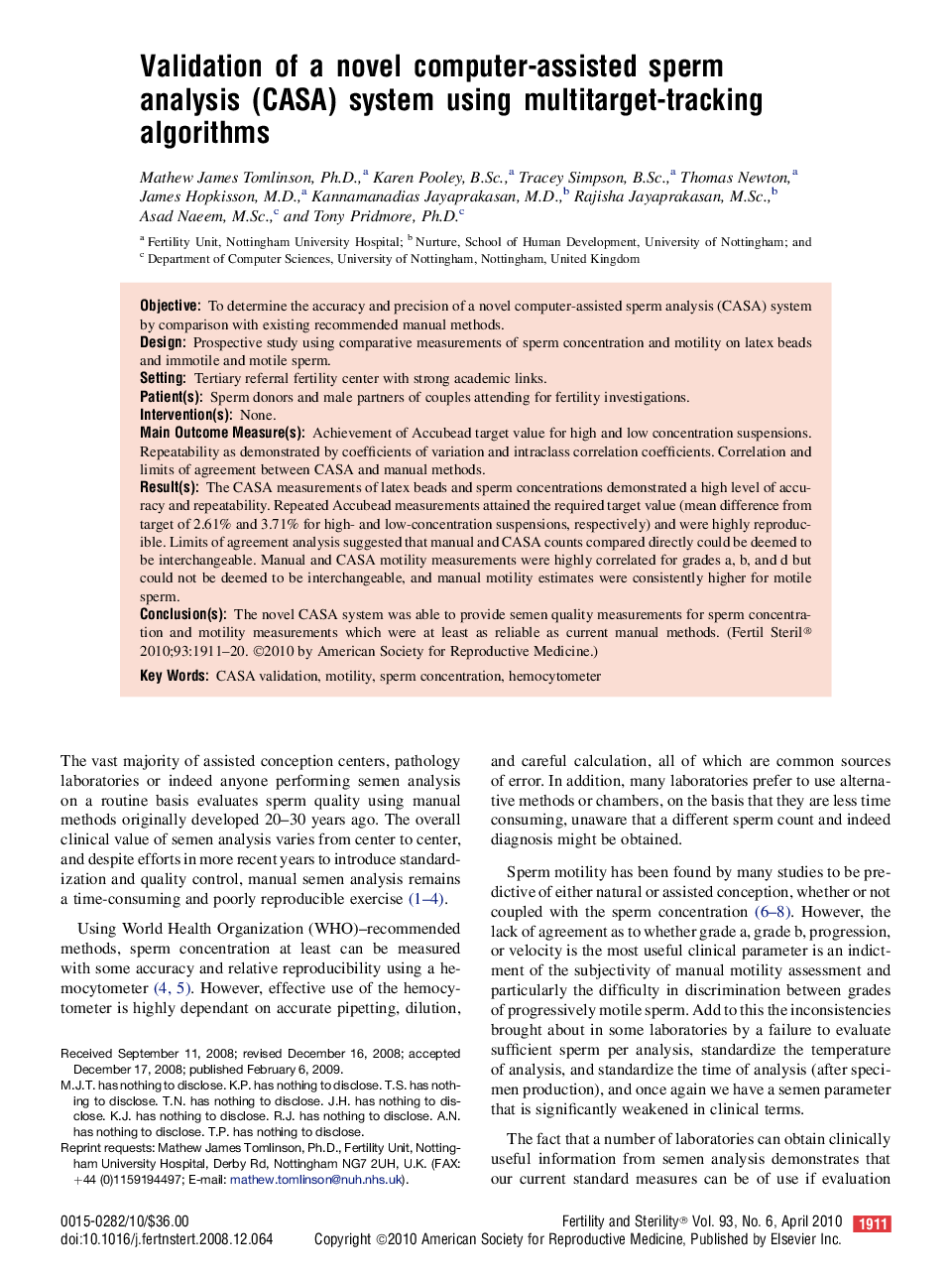 Validation of a novel computer-assisted sperm analysis (CASA) system using multitarget-tracking algorithms 