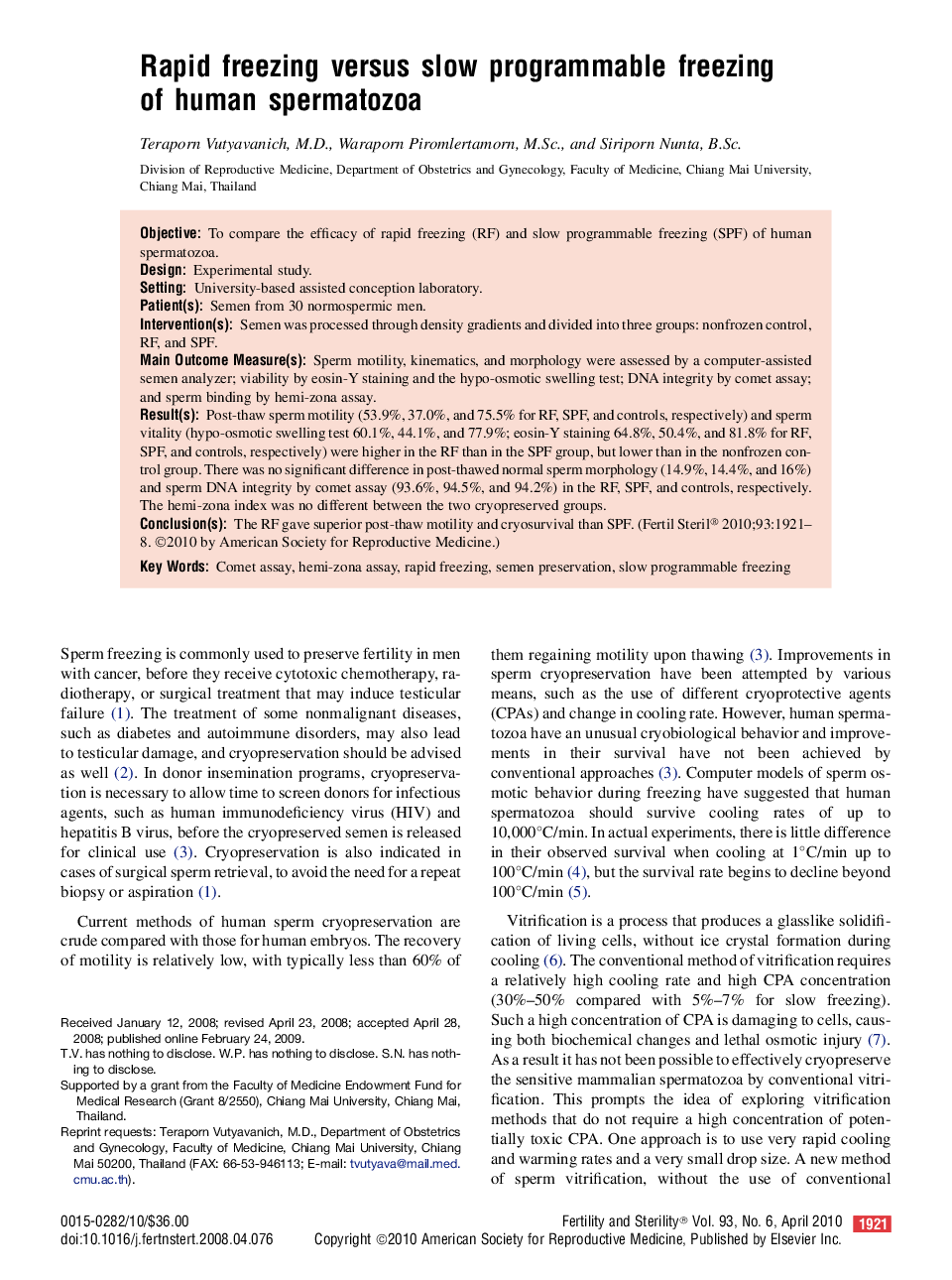 Rapid freezing versus slow programmable freezing of human spermatozoa 