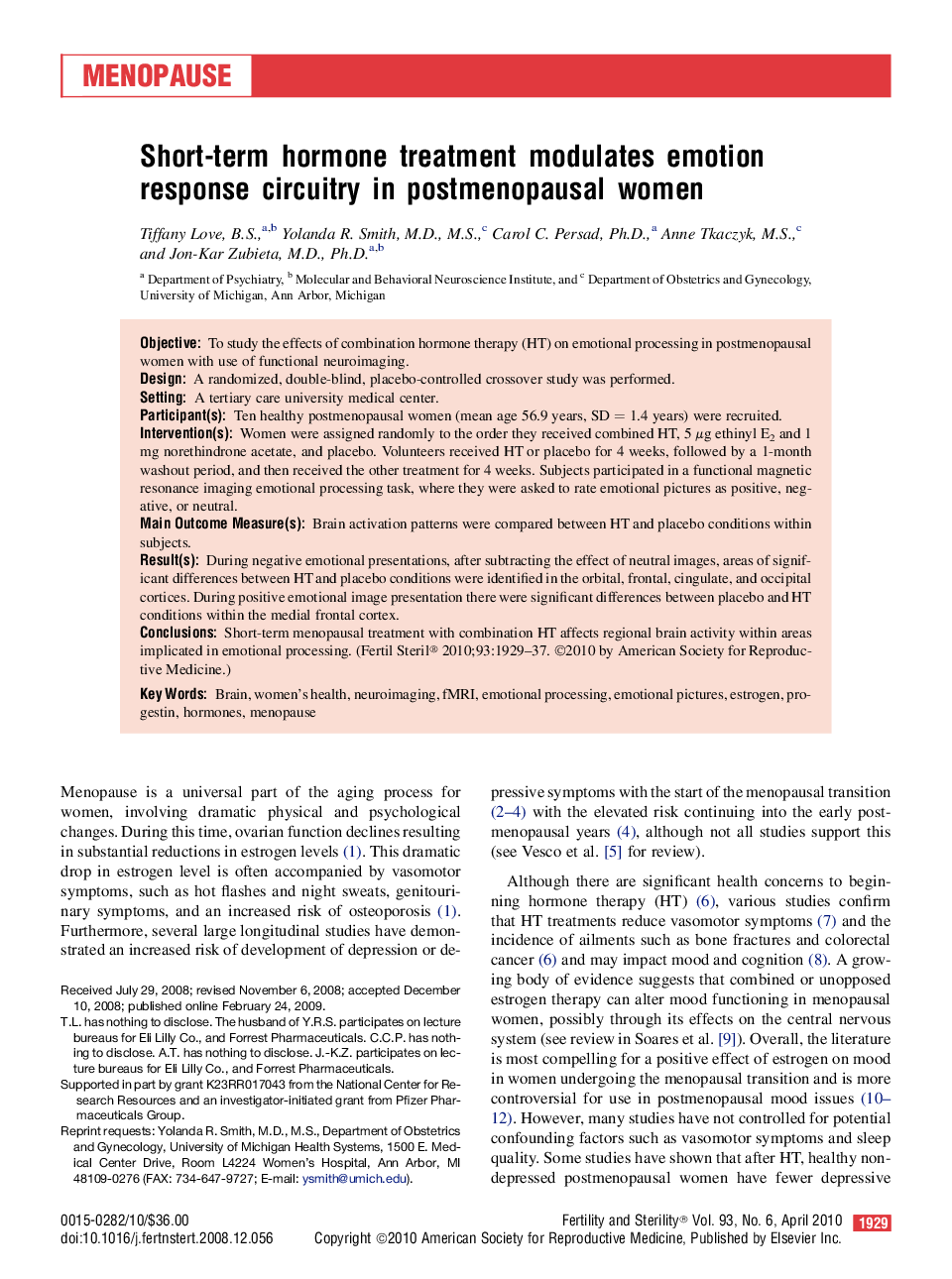 Short-term hormone treatment modulates emotion response circuitry in postmenopausal women 