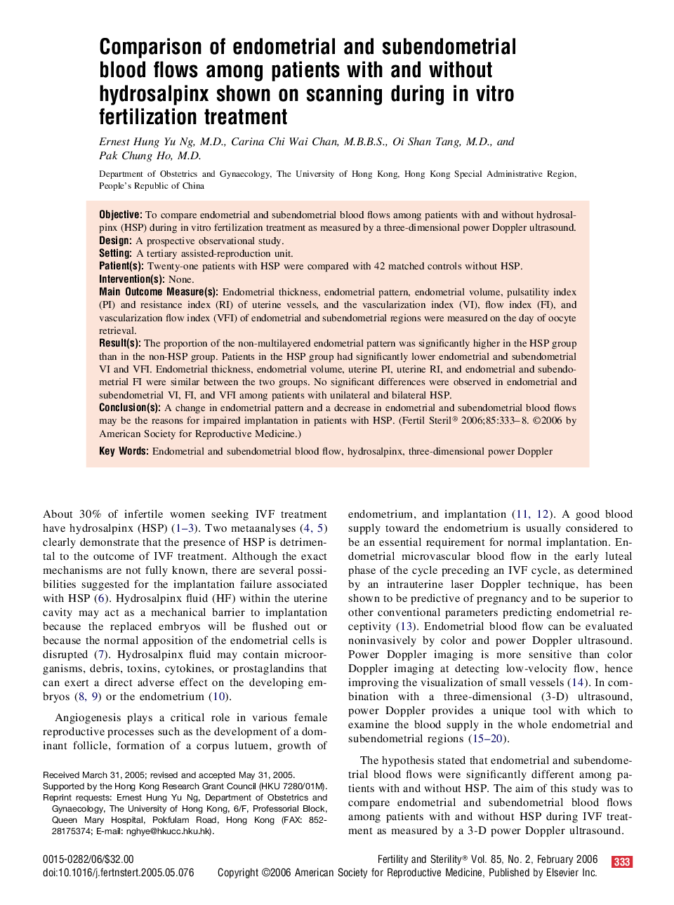 Comparison of endometrial and subendometrial blood flows among patients with and without hydrosalpinx shown on scanning during in vitro fertilization treatment 