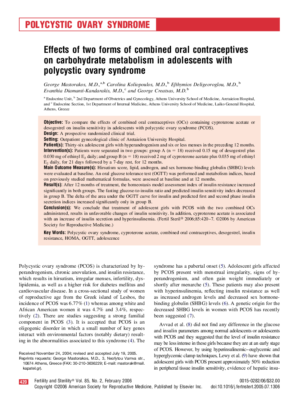 Effects of two forms of combined oral contraceptives on carbohydrate metabolism in adolescents with polycystic ovary syndrome