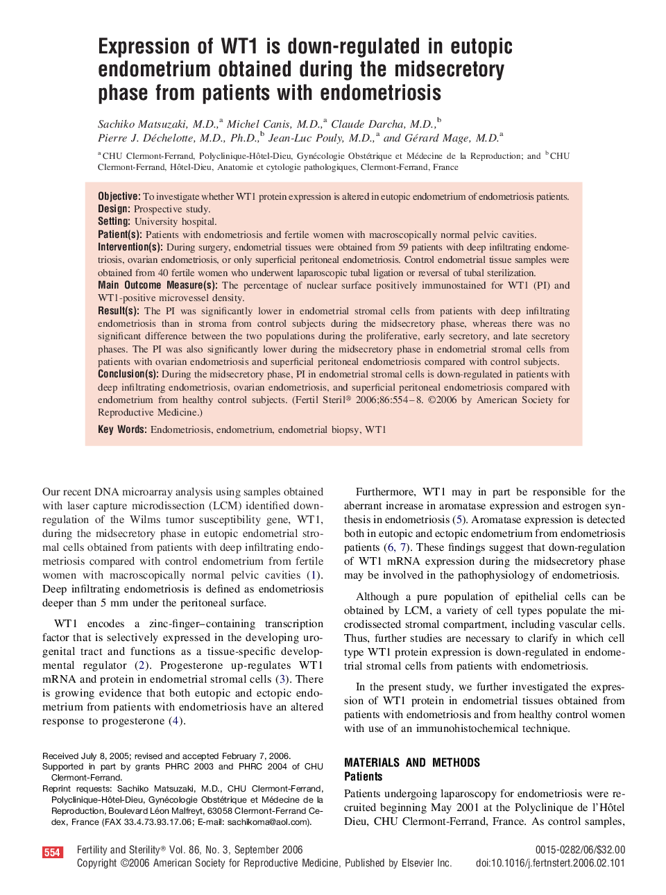 Expression of WT1 is down-regulated in eutopic endometrium obtained during the midsecretory phase from patients with endometriosis 