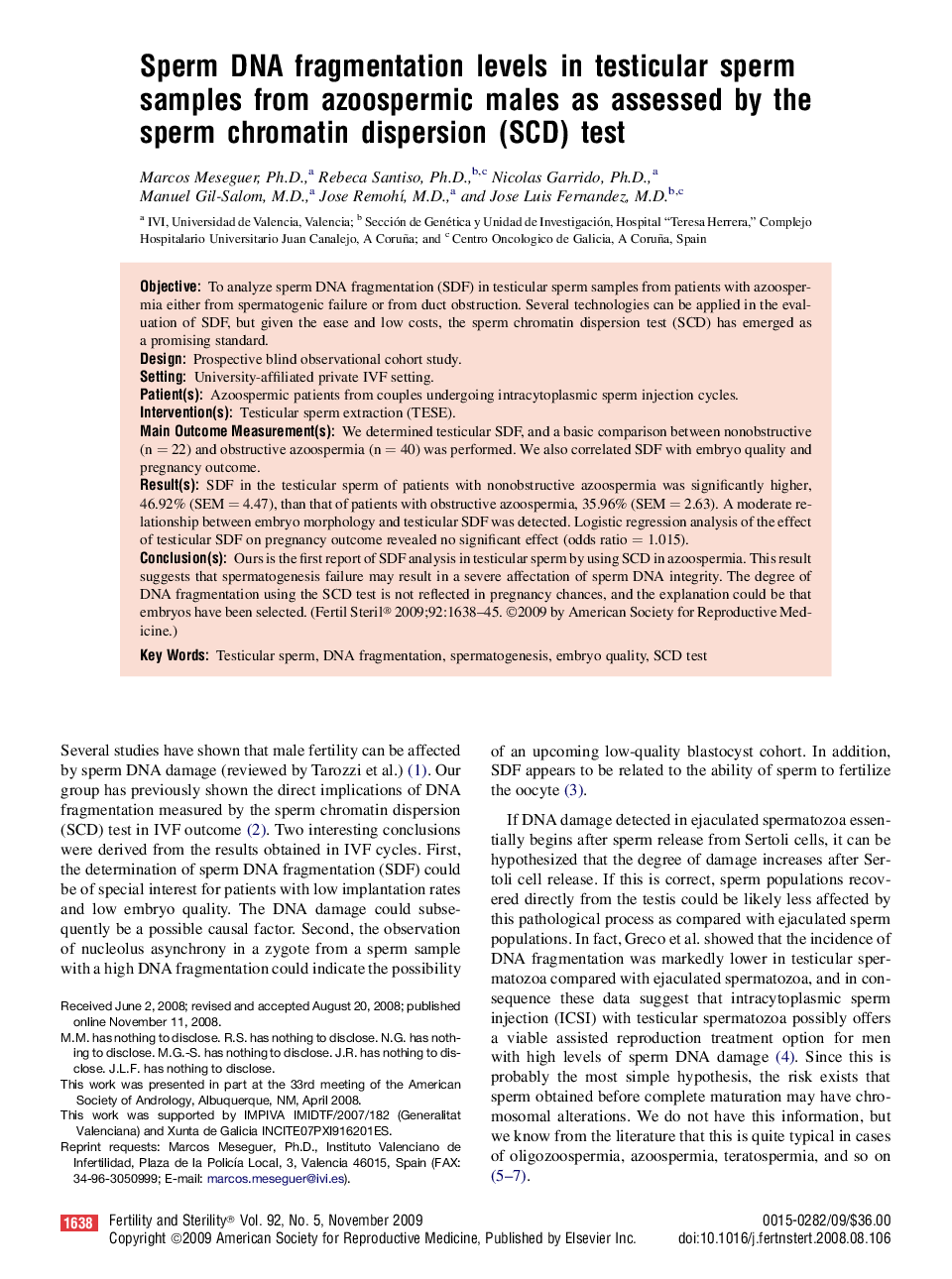 Sperm DNA fragmentation levels in testicular sperm samples from azoospermic males as assessed by the sperm chromatin dispersion (SCD) test 