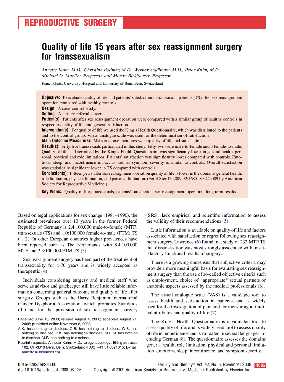 Quality of life 15 years after sex reassignment surgery for transsexualism