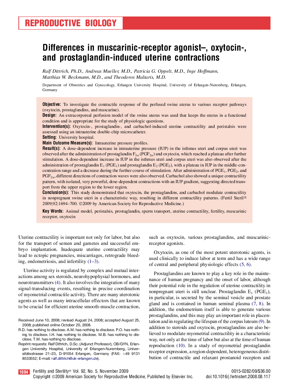 Differences in muscarinic-receptor agonist–, oxytocin-, and prostaglandin-induced uterine contractions 