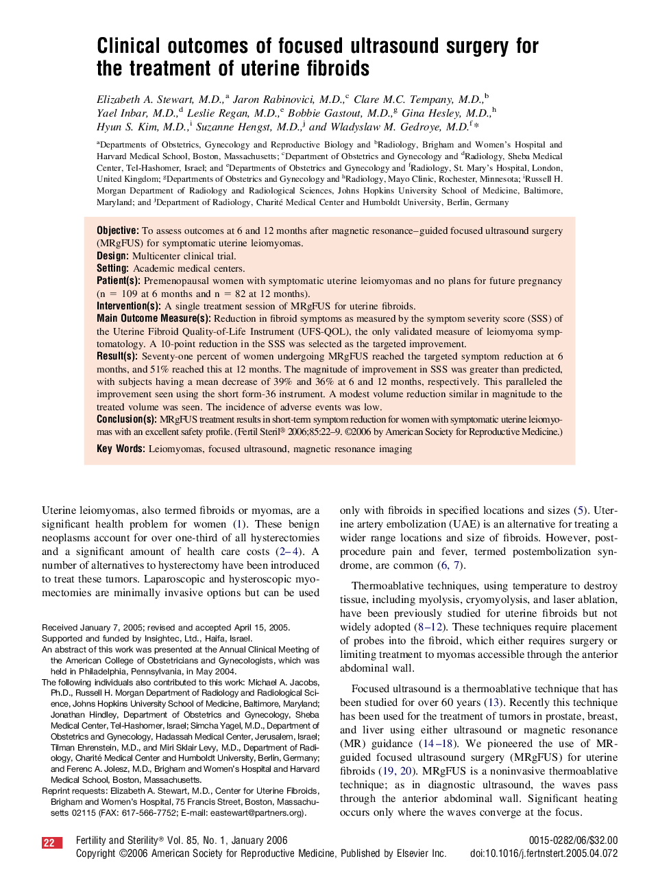 Clinical outcomes of focused ultrasound surgery for the treatment of uterine fibroids 