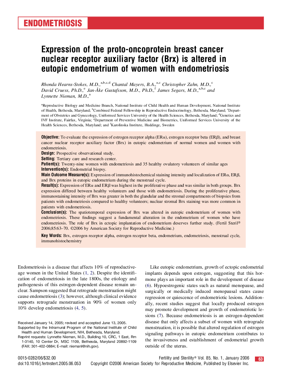 Expression of the proto-oncoprotein breast cancer nuclear receptor auxiliary factor (Brx) is altered in eutopic endometrium of women with endometriosis 