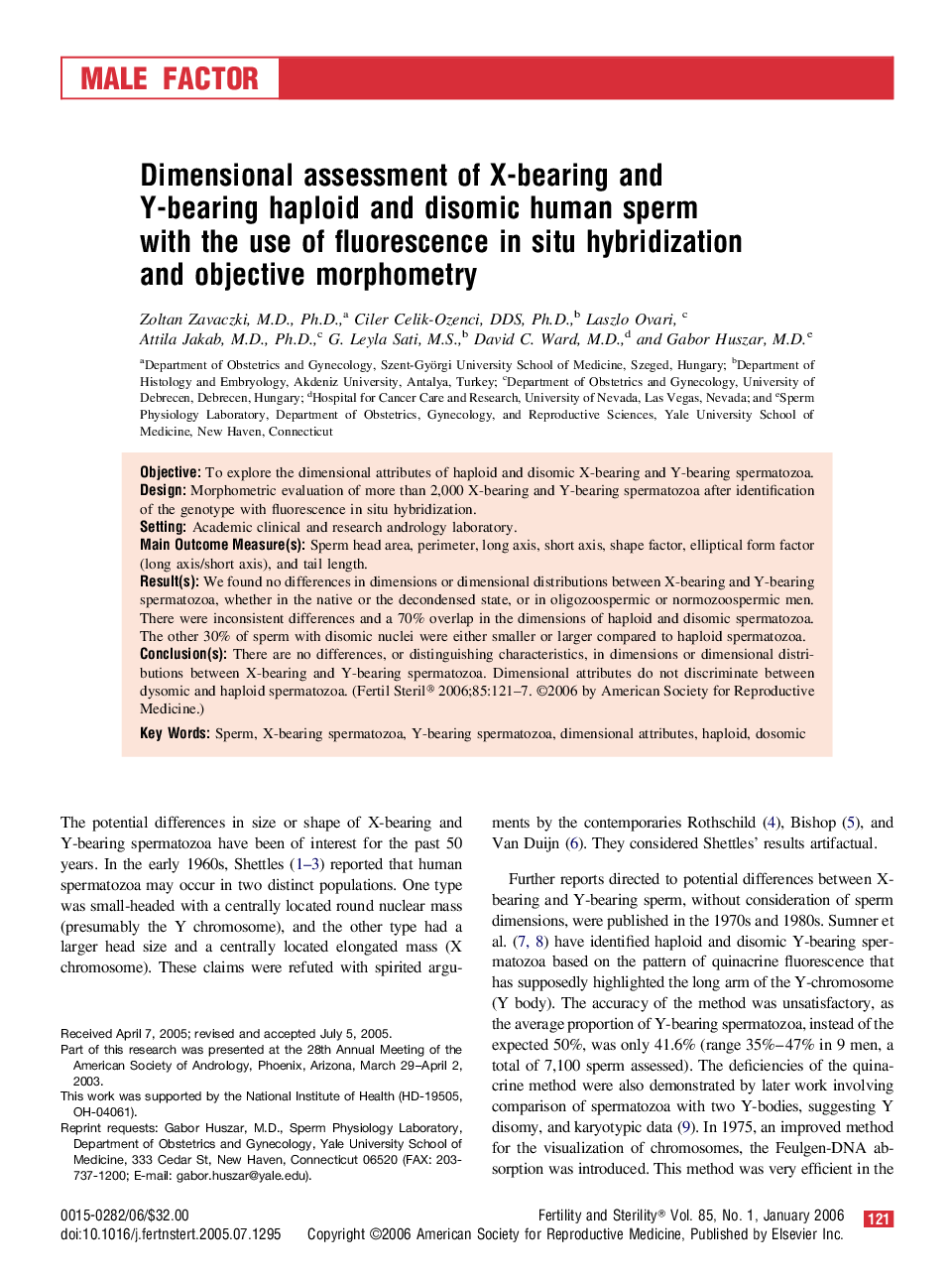 Dimensional assessment of X-bearing and Y-bearing haploid and disomic human sperm with the use of fluorescence in situ hybridization and objective morphometry 