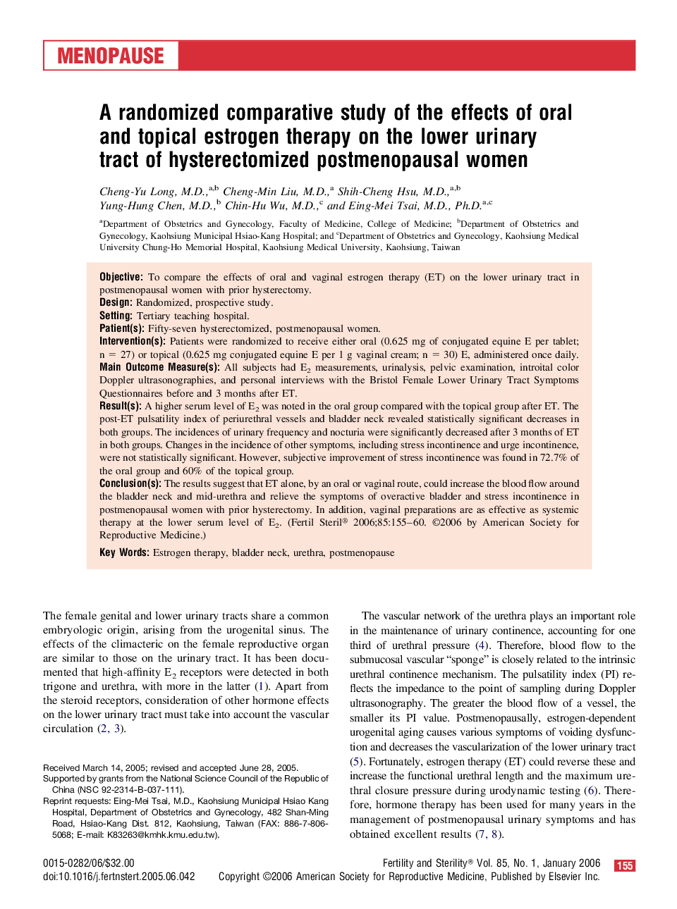 A randomized comparative study of the effects of oral and topical estrogen therapy on the lower urinary tract of hysterectomized postmenopausal women 