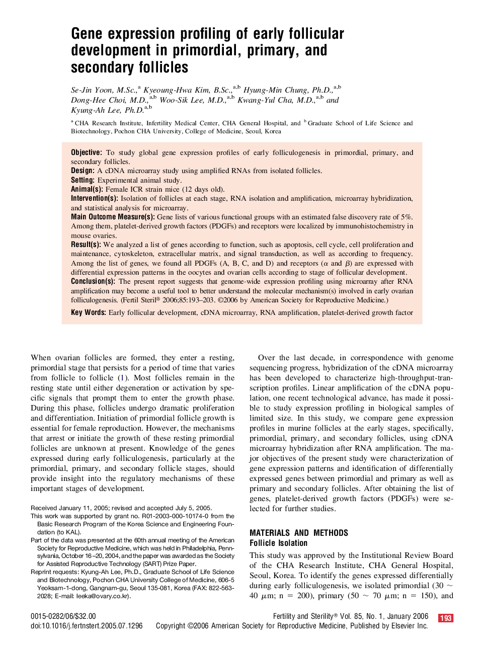 Gene expression profiling of early follicular development in primordial, primary, and secondary follicles 