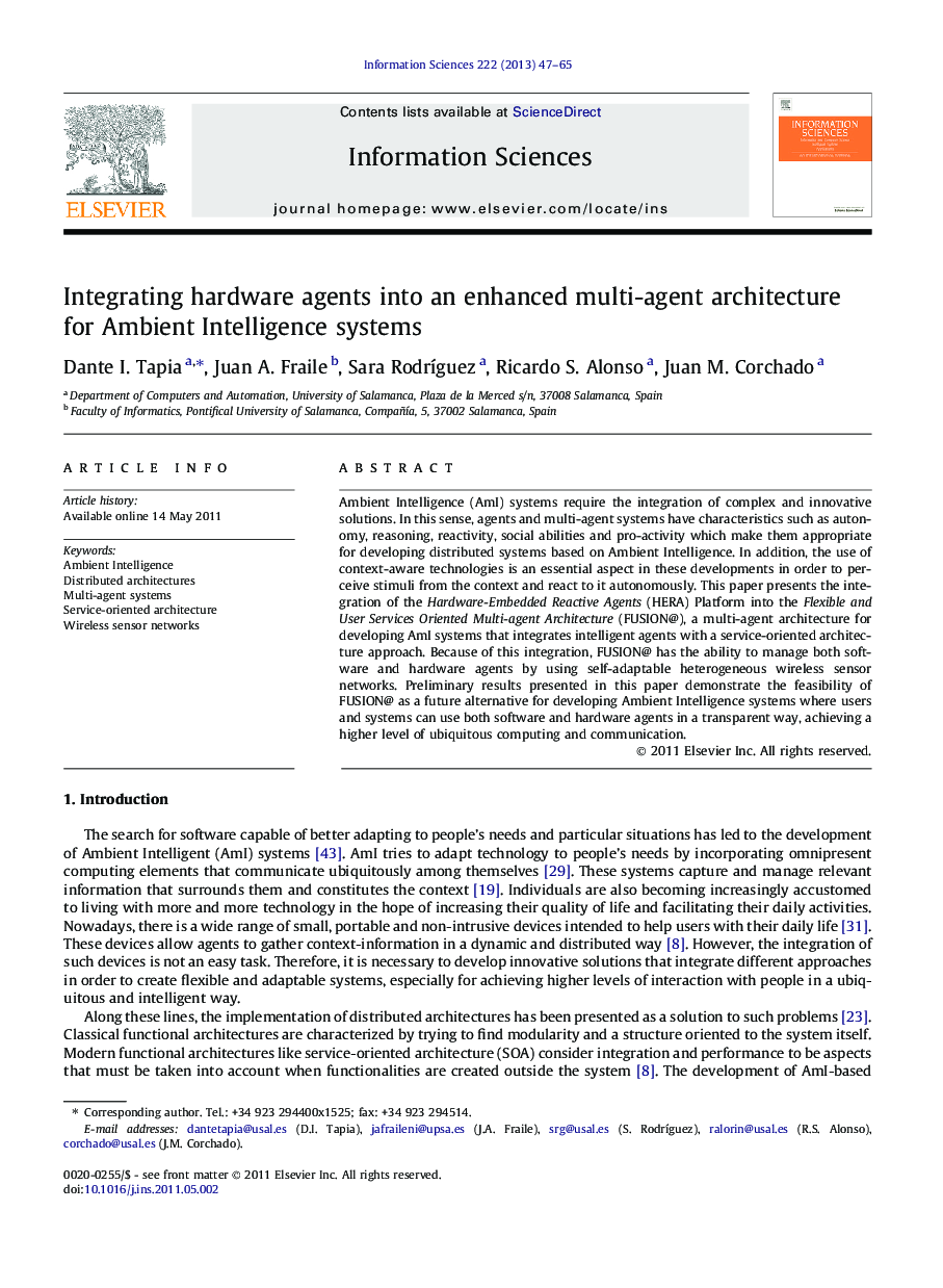 Integrating hardware agents into an enhanced multi-agent architecture for Ambient Intelligence systems