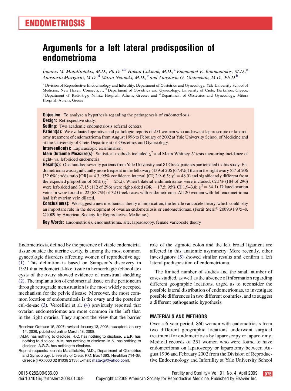 Arguments for a left lateral predisposition of endometrioma 