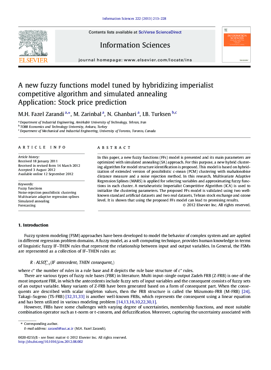 A new fuzzy functions model tuned by hybridizing imperialist competitive algorithm and simulated annealing. Application: Stock price prediction