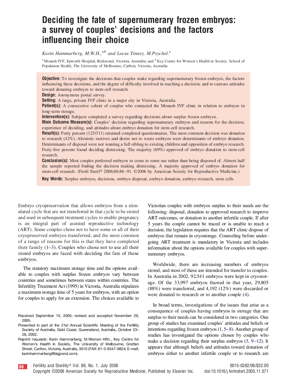 Deciding the fate of supernumerary frozen embryos: a survey of couples’ decisions and the factors influencing their choice