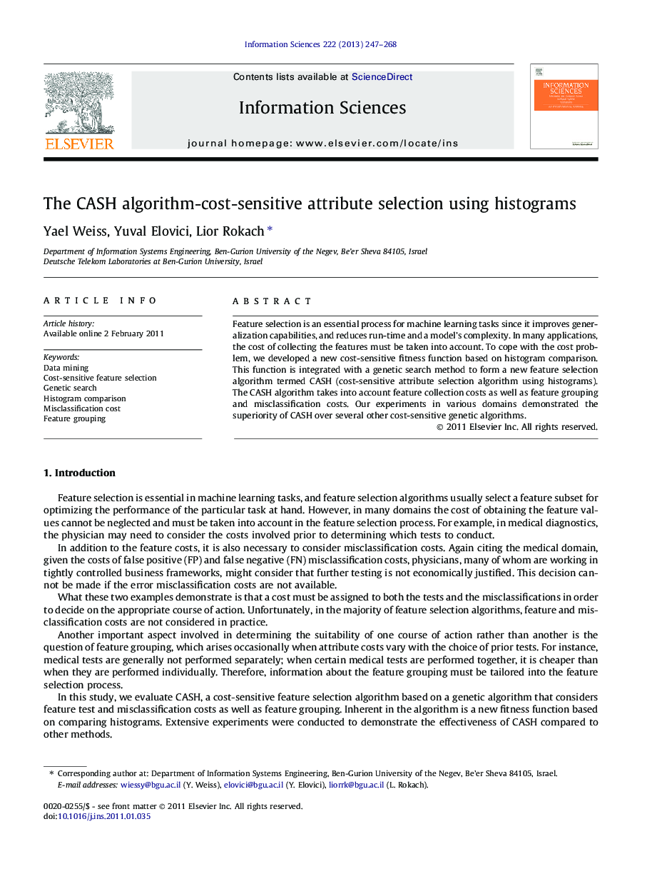 The CASH algorithm-cost-sensitive attribute selection using histograms