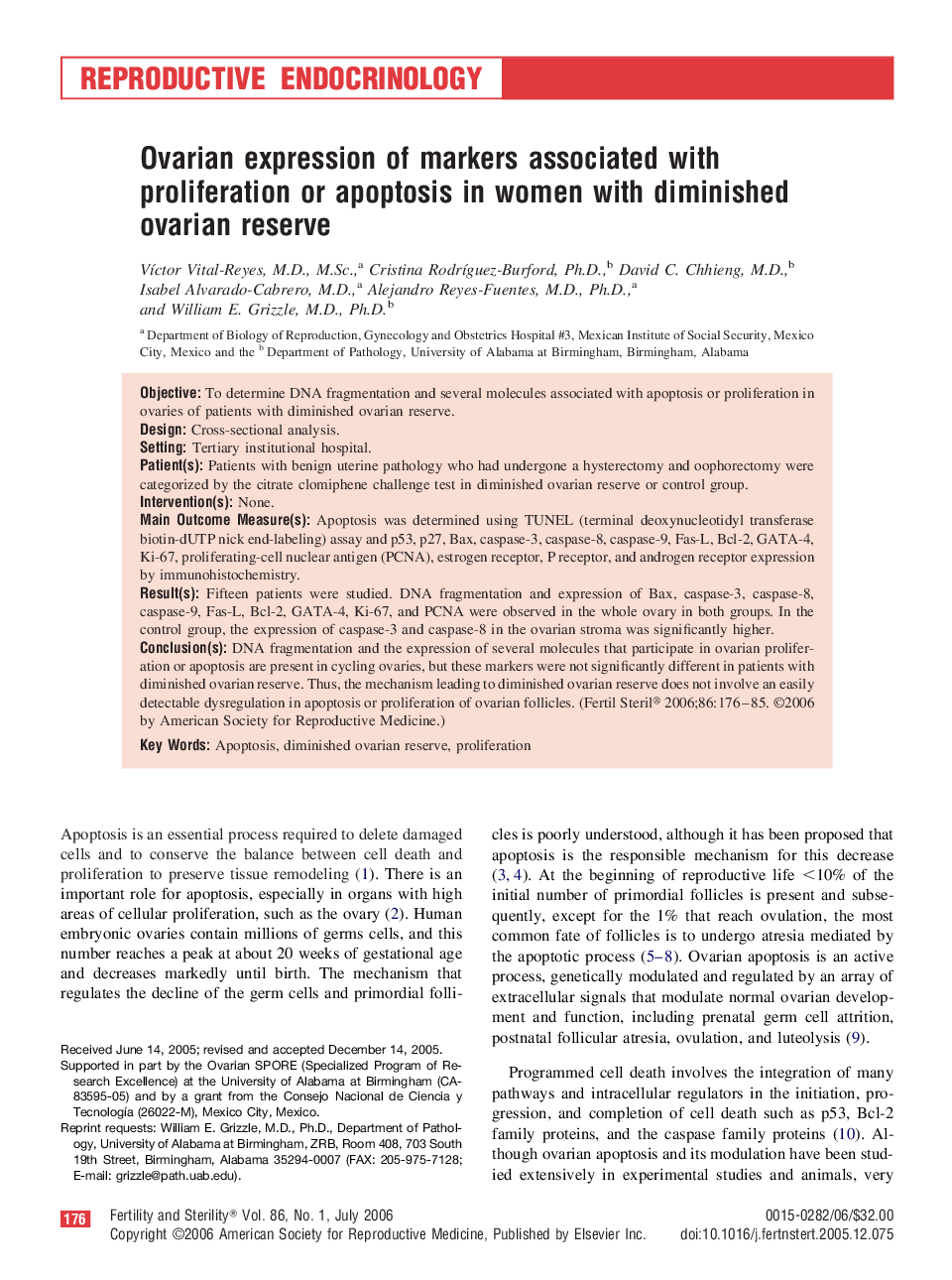 Ovarian expression of markers associated with proliferation or apoptosis in women with diminished ovarian reserve 