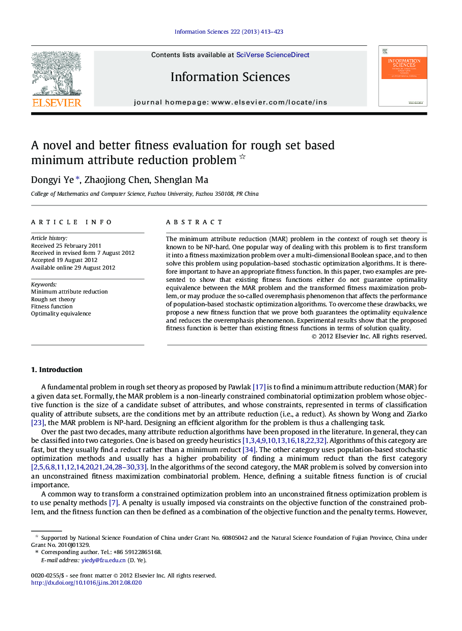 A novel and better fitness evaluation for rough set based minimum attribute reduction problem 