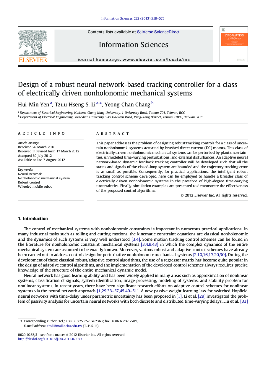 Design of a robust neural network-based tracking controller for a class of electrically driven nonholonomic mechanical systems