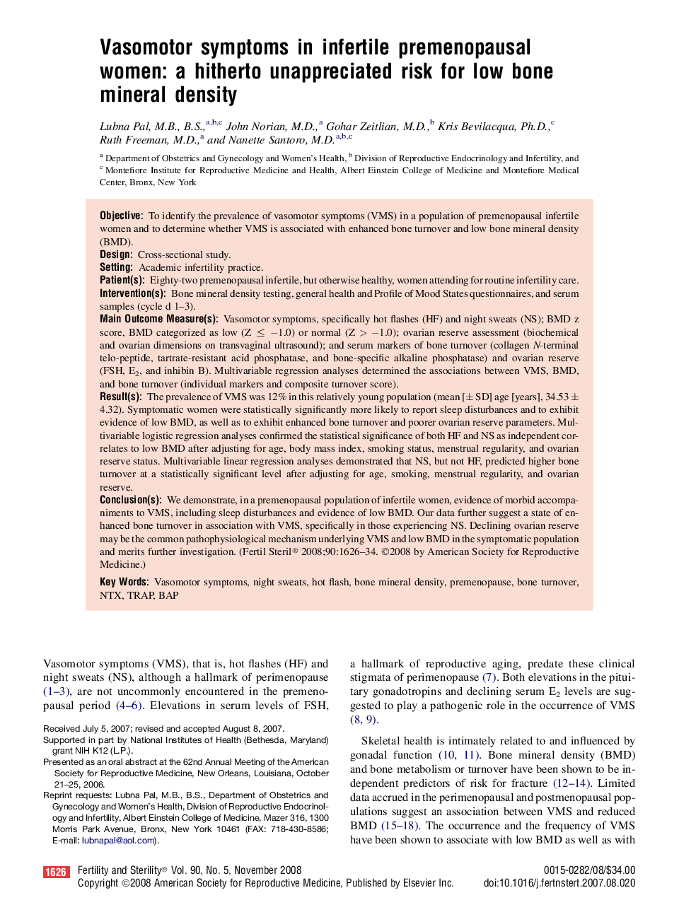 Vasomotor symptoms in infertile premenopausal women: a hitherto unappreciated risk for low bone mineral density 