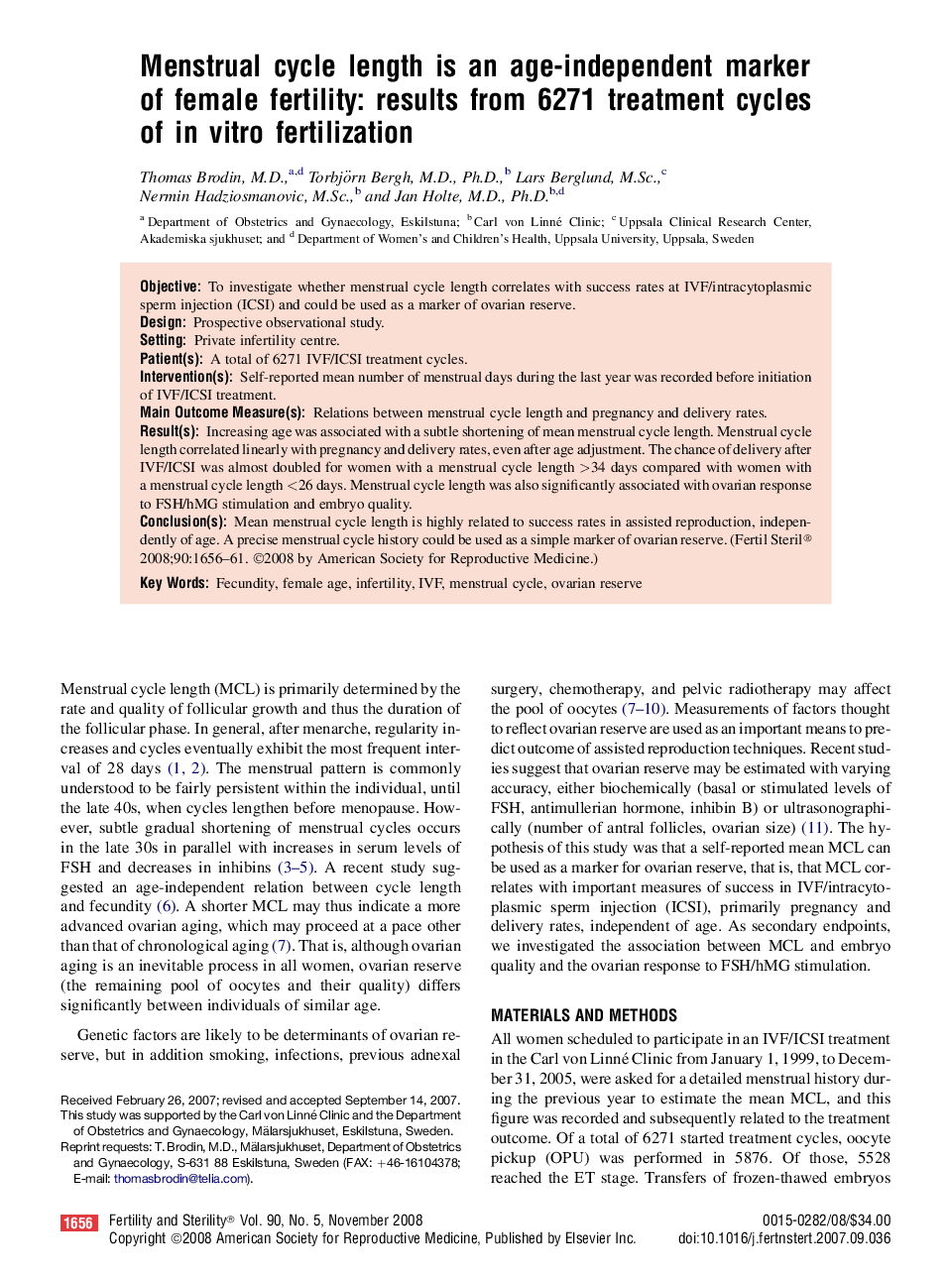 Menstrual cycle length is an age-independent marker of female fertility: results from 6271 treatment cycles of in vitro fertilization 