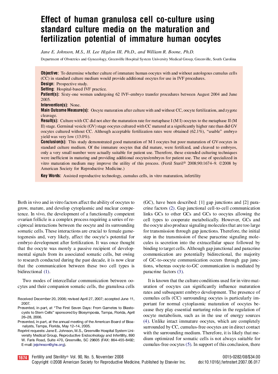 Effect of human granulosa cell co-culture using standard culture media on the maturation and fertilization potential of immature human oocytes 