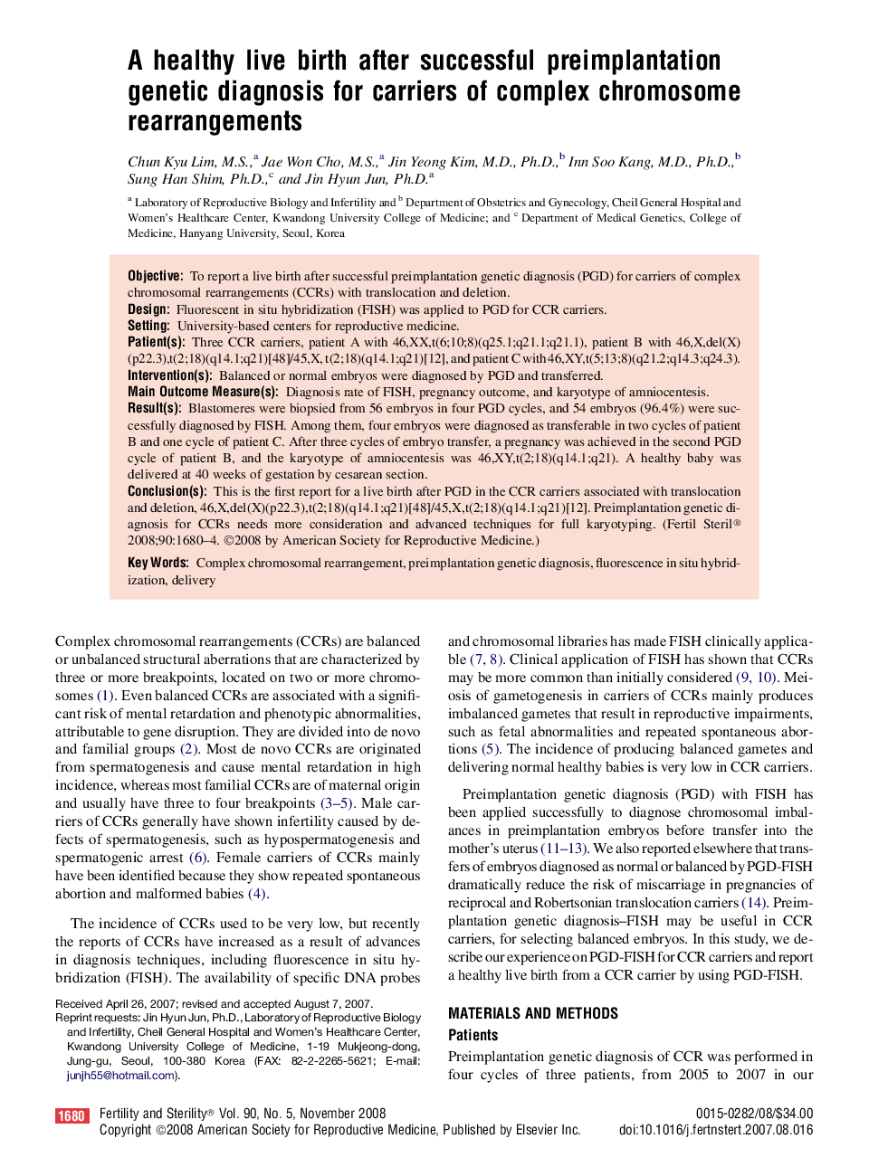 A healthy live birth after successful preimplantation genetic diagnosis for carriers of complex chromosome rearrangements