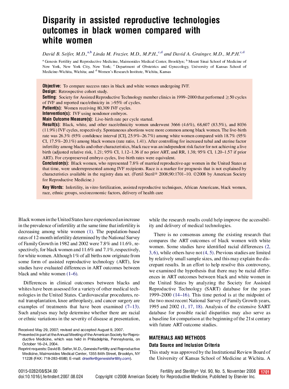 Disparity in assisted reproductive technologies outcomes in black women compared with white women 