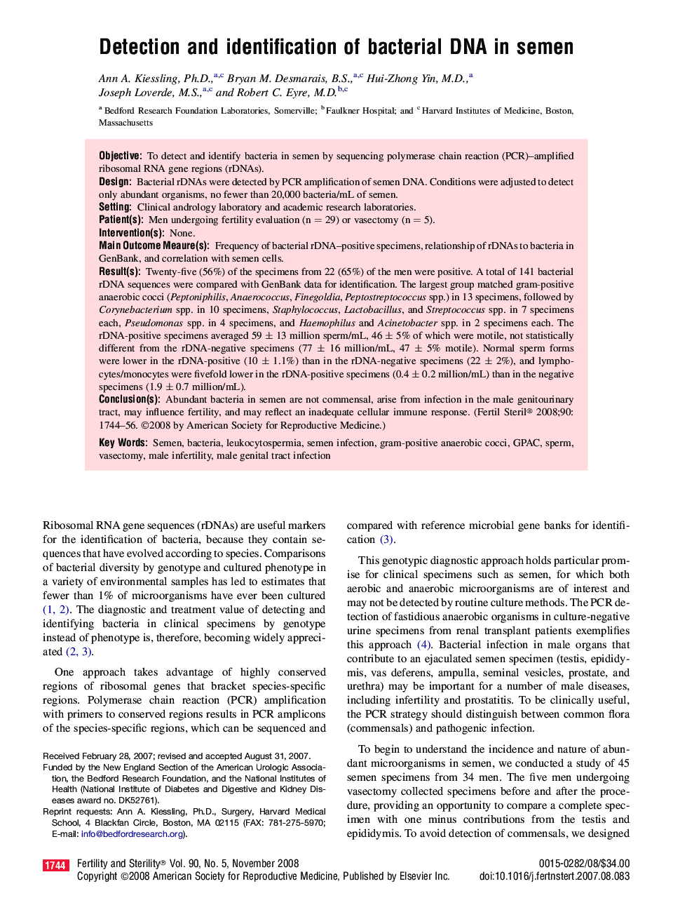 Detection and identification of bacterial DNA in semen 