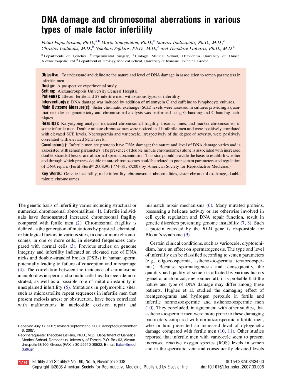 DNA damage and chromosomal aberrations in various types of male factor infertility