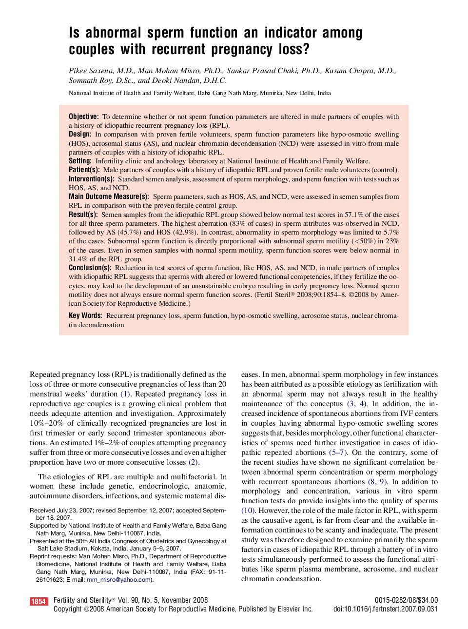 Is abnormal sperm function an indicator among couples with recurrent pregnancy loss? 